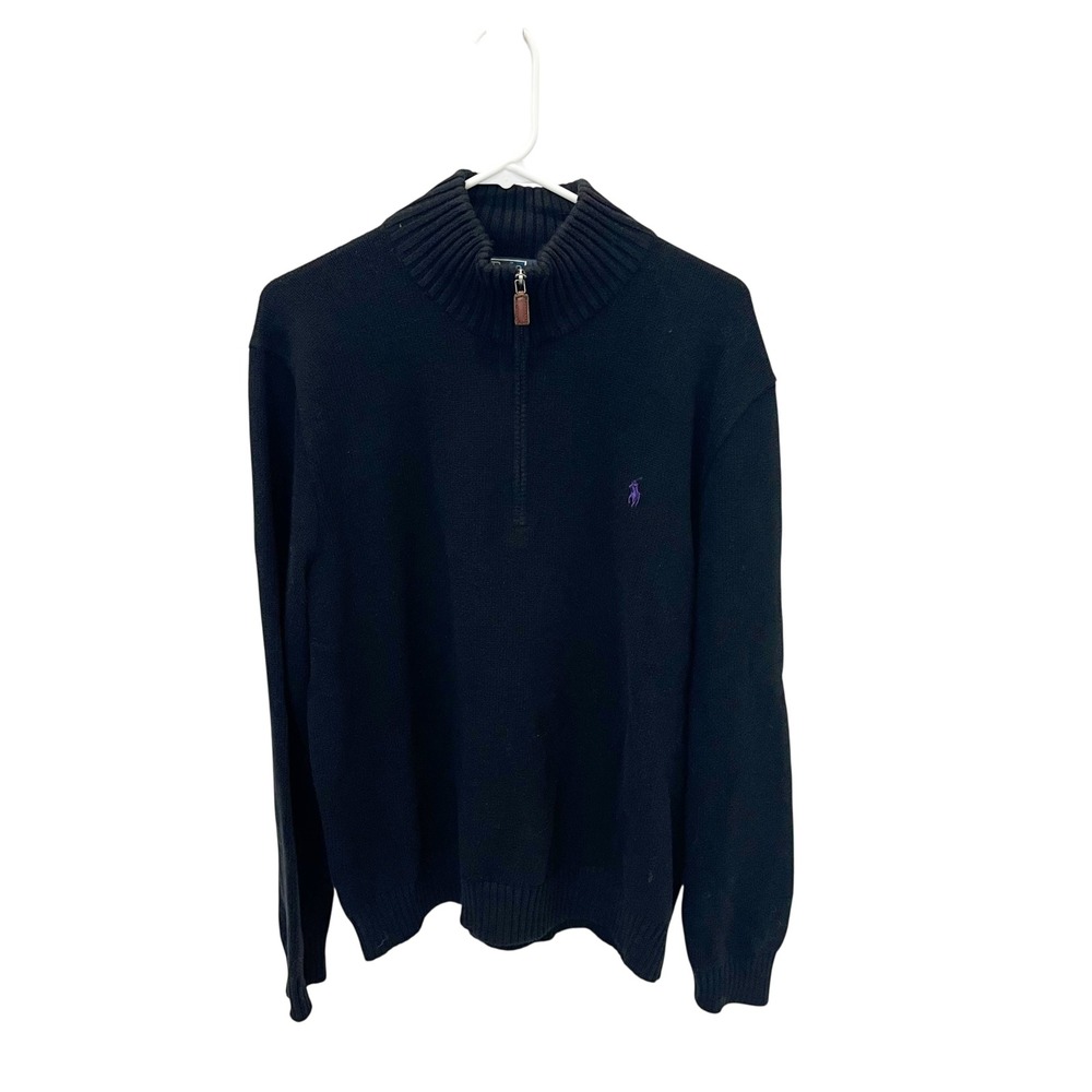 Polo Ralph Lauren Mens Black Cotton Quarter Zip Sweater Purple Pony Size Large